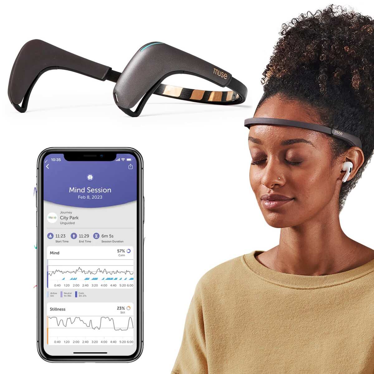Muse headband device alongside the Muse app showing Mind Session data and calm percentage score