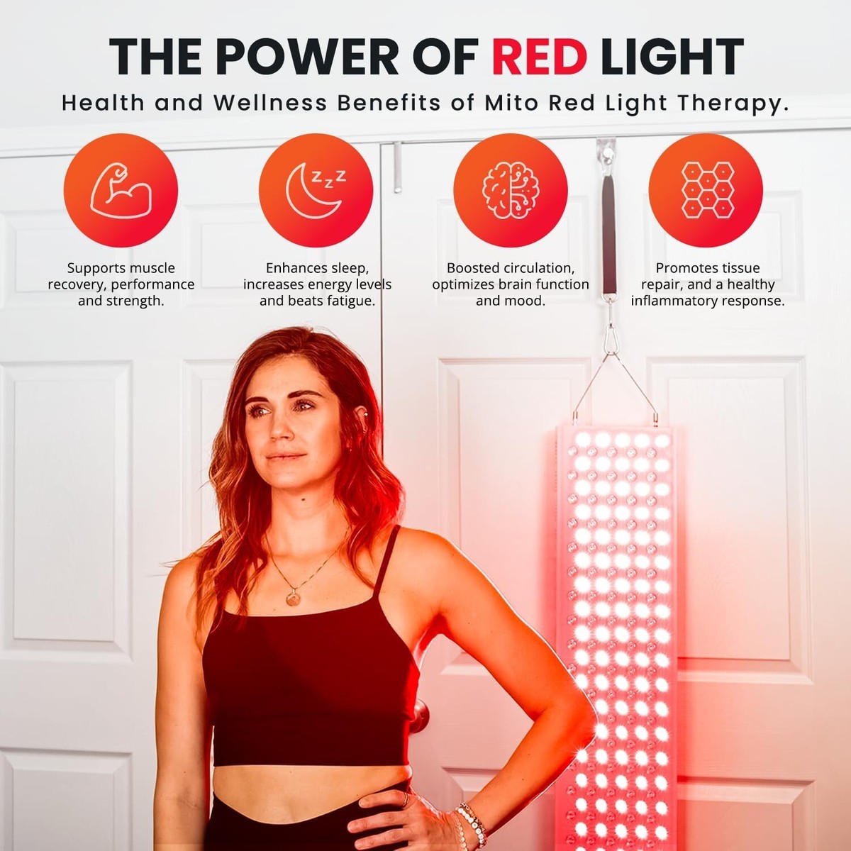 Woman standing beside a Mito Red Light full-body panel showing the health and wellness benefits of red light therapy