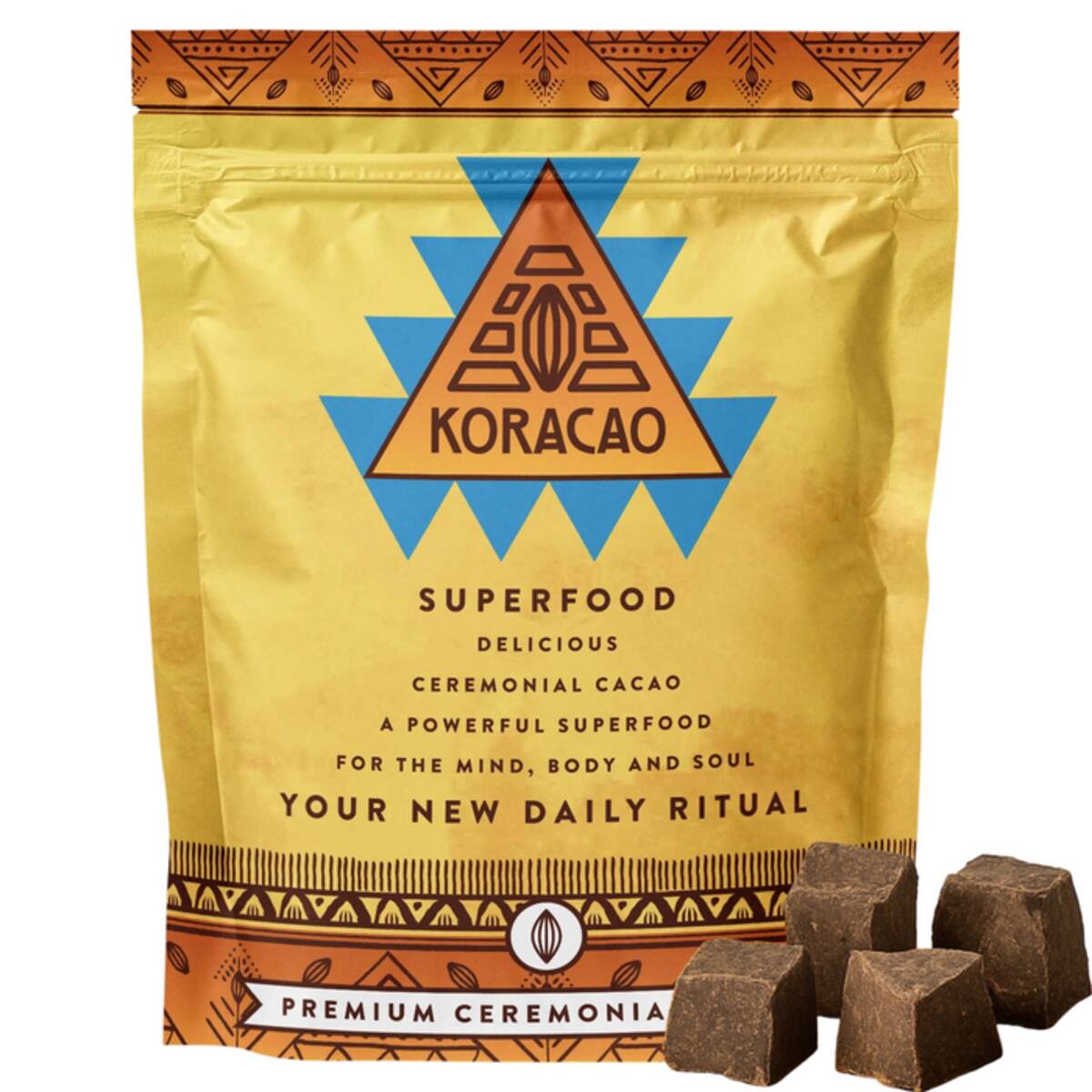 Koracao premium ceremonial cacao bag with raw cacao chunks in front, showing the whole-bean paste product