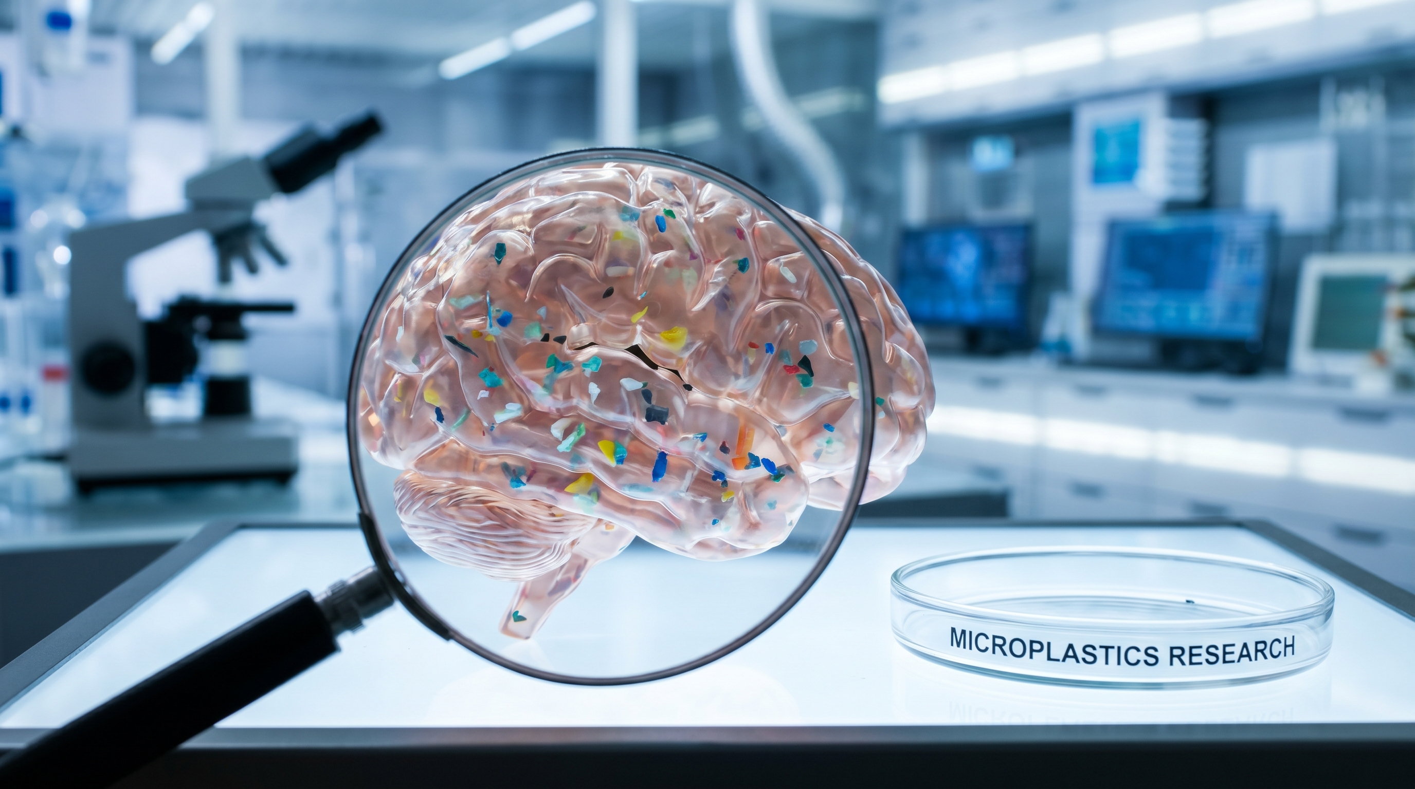 Microplastics research — brain model under magnifying glass in laboratory